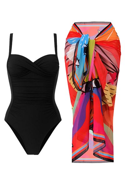 CUPSEA Women's Gathering Draped Swimsuit Rainbow Patterned Multicolor Pareo Set of 2 Stylish and Slimming Effect