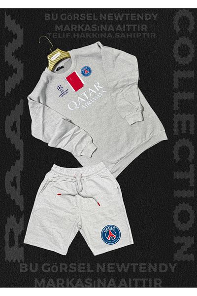 Minikelya Paris Sweatshirt Summer Suit Crew Neck Top Combed Cotton Shorts Bottom Champions League Logo 2Li Combo