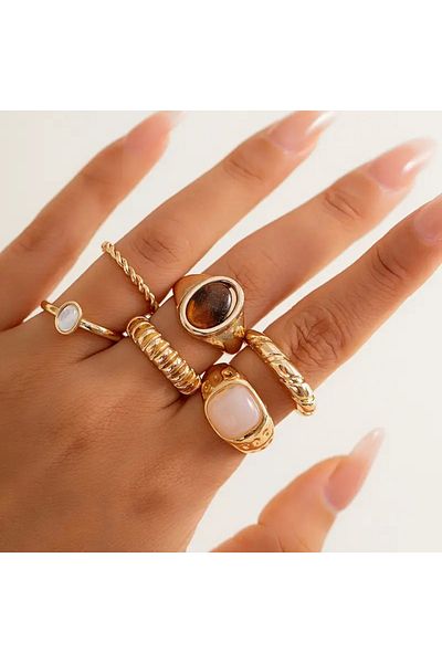 Takıtolia Sylvia - 6 Pieces Colorful Stone Gold Gold Colored Stylish Design Bohemian Vintage Multiple Ring Set
