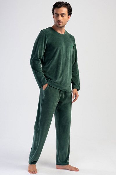 VİENETTA Men's Velvet Long Sleeve Pajama Set, 403099