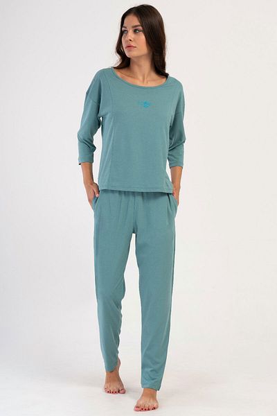 VİENETTA Costum de pijama cu mâneci 3/4 plisate pentru femei din bumbac, 403315