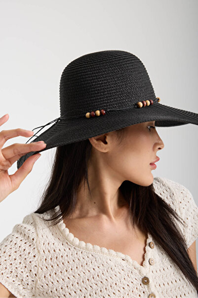 Moda Days Crni slamnati šešir za plažu sa trakom od užeta i detaljima od perli