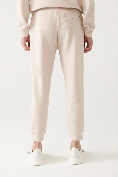 Avva Men's Beige Lace-Up Waist Jacquard Cotton Sweatpants with Elastic Legs A31Y3450