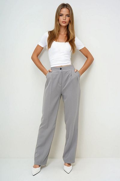 VAGGON Pantaloni gri pentru damă, cu buzunare duble, cu detaliu cu șuruburi, plisați, țesuți Palazzo Prmx13925