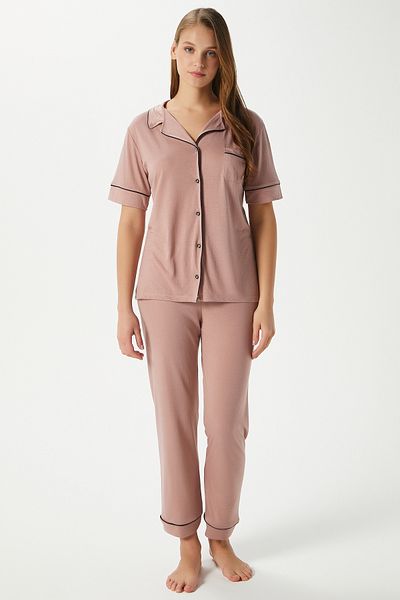 Ritnice Women's Vanessa Viscose Front Buttoned Short Sleeve Bias Powder Bottom Top Pajama Set