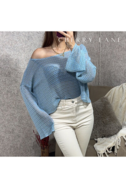 Cherry Lane Μπλούζα με μακρύ μανίκι με διάτρητο σχέδιο Baby Blue 100% βαμβακερή μπλούζα