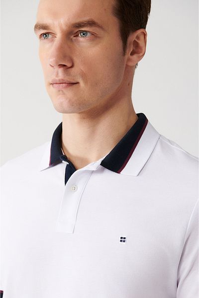 Avva Herren-T-Shirt mit weißem Kragen, gestreift, 100 % Baumwolle, 2-Knopf-Polokragen, E 001036