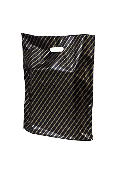 Kalbi Ticaret Çizgili Mağaza Poşeti 50 X 5'li Siyah Poşet (NO 5) Diagonal Takviyeli Poşet