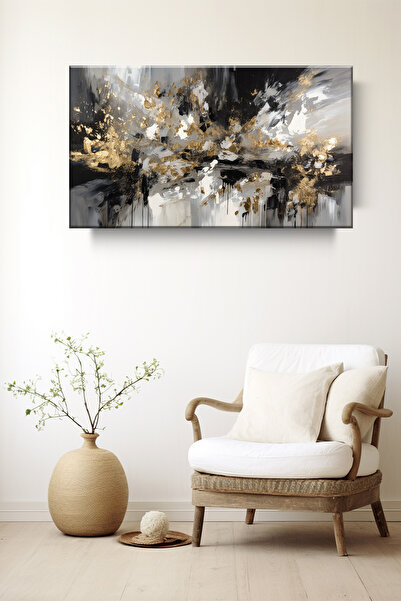 KanvasSepeti Siyah Beyaz Gold Efekt Soyut Modern Kanvas Tablo Salon Oturma Ya...
