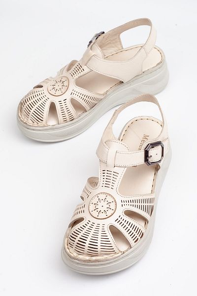 Melek Tuna Women's Genuine Leather Closed-Front Orthopedic Sandals, Comfortable Fit Women's Sandals