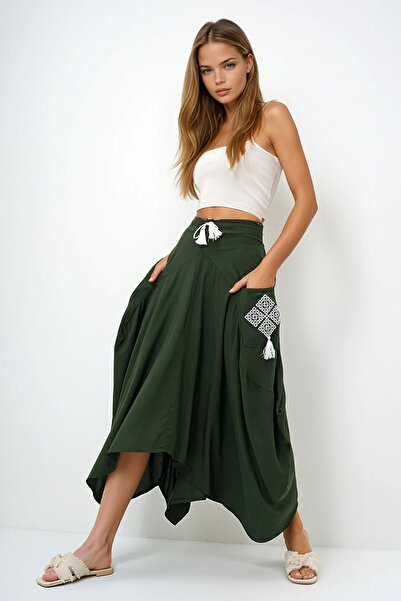 VAGGON Γυναικεία υφασμένη φούστα με κέντημα χακί με διπλή τσέπη Shalwar Cut Prmx11801