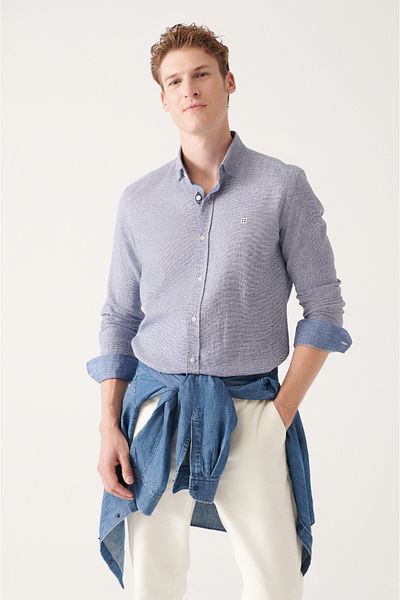 Avva Men's Navy Blue Classic Collar Textured Linen Cotton Shirt A31Y2079