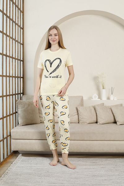fames Women's Combed Cotton Heart Printed Striped Short Sleeve Summer Pajama Set