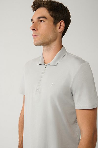 Avva Graues Herren-T-Shirt mit Polokragen aus 100 % Baumwolle mit Reißverschluss E 001034