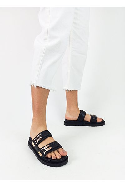 GDT Ayakkabı Black Color Rabbit Buckle Detailed Flat Sole Women's Slippers