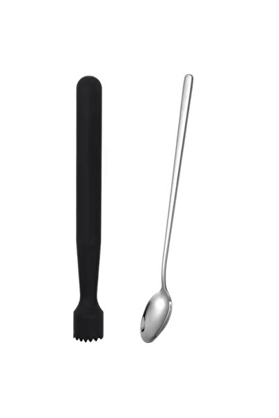 adin tasarım Mojito Mallet Black 20.7 cm and Straight Cocktail Spoon 22 cm Se...