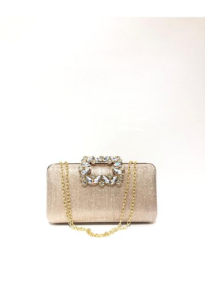 womenacs Gold Color Laser Fabric Flower Motif Stones Hand and Strap Evening Dress Portfolio Clutch Evening Bag