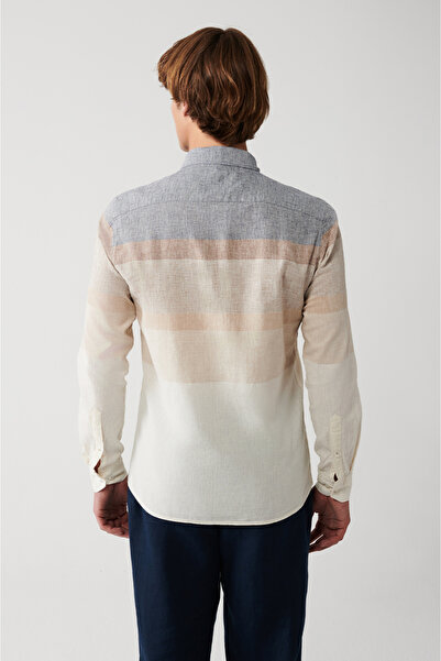 Avva Men's Gray Cotton Linen Blended Striped Shirt A31Y2271