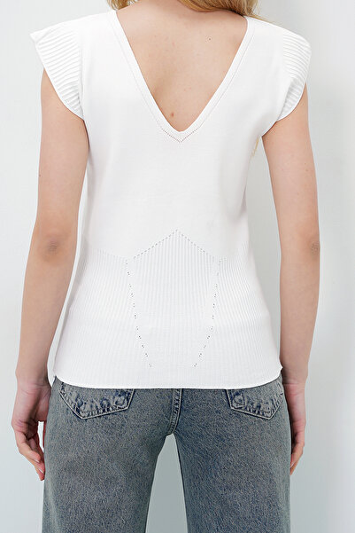 VAGGON Women's White Front Back V-Neck Summer Knitwear Blouse Prmx14051