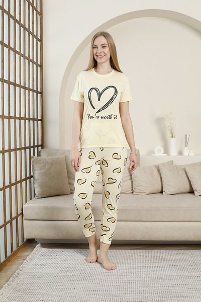 fames Women's Combed Cotton Heart Printed Striped Short Sleeve Summer Pajama Set