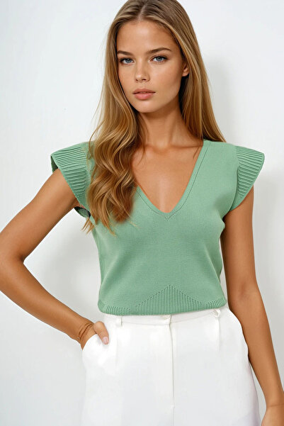 VAGGON Μπλούζα με καλοκαιρινό πλεκτό μπροστινό πίσω V λαιμόκοψη