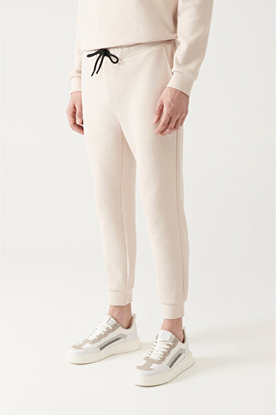 Avva Men's Beige Lace-Up Waist Jacquard Cotton Sweatpants with Elastic Legs A31Y3450