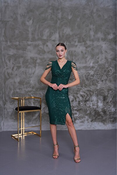 zoezoe Pul Payetli Midi Kalem Abiye Elbise Kruvaze Yakalı Kolsuz Önden Yırtmaçlı hijap