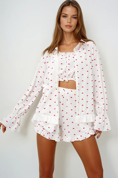 VAGGON Women's Mini Heart Red Cotton Ruffle Detailed Bustier Shorts and Kimono 3-Piece Pajamas Set