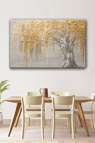 KanvasSepeti Gold Yağlı Boya Efektli Ağaç Modern Kanvas Tablo Salon Oturma Ya...