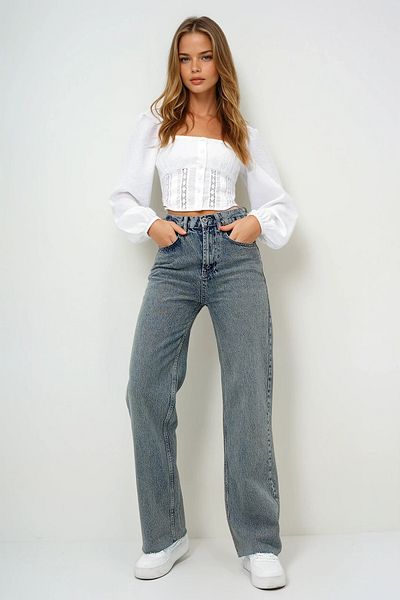 VAGGON Pantaloni de damă vintage albaștri cu talie înaltă, spălați, cu ciucuri, pantaloni Palazzo Jean Prmx13982