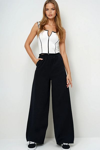 VAGGON Pantaloni Palazzo din Gabardină, negri, cu buzunar dublu, Prmx13983