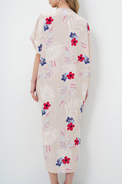 VAGGON Γυναικείο μπεζ μοτίβο με λαιμόκοψη με λαιμόκοψη καλοκαιρινό μάξι φόρεμα Prmx14087