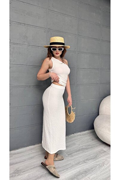 Butik Merrline Women's White Babil Model Gagari Fabric One Shoulder Blouse Crop Back Slit Skirt Double Set