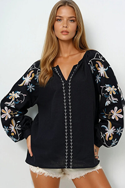 VAGGON Women's Black V-Neck Embroidery Embroidered Balloon Sleeve Slim Summer Linen Blouse Prmx14104