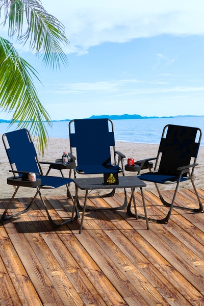 Cosargroup 3 Adet Katlanır Kamp Sandalye ve Masa Seti-Taşınabilir Piknik Bahçe Sandalyesi-Masası Bardaklıklı