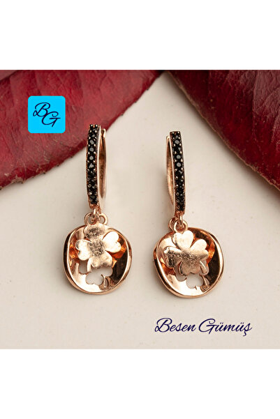 Besen Gümüş Oniks Taşlı İkili Yonca Sallantılı Halka Küpe