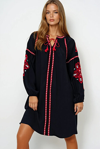 VAGGON Balloon Sleeve Embroidered Summer Midi Dress