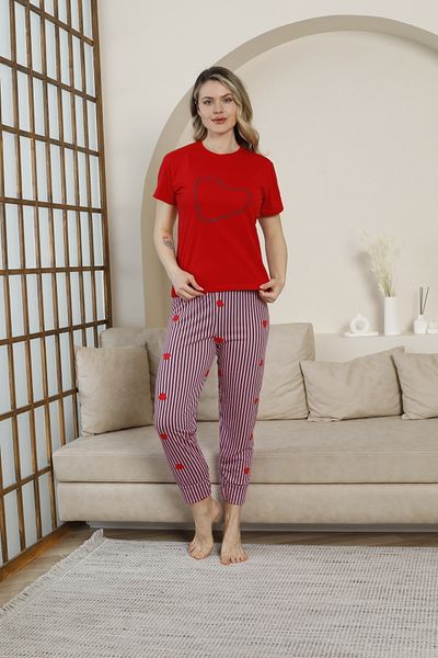 fames Women's Combed Cotton Heart Printed Striped Short Sleeve Summer Pajama Set