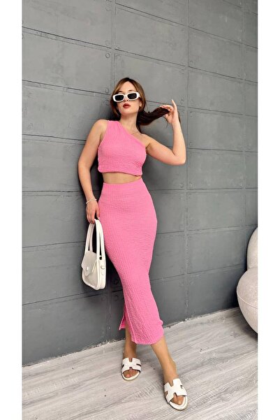 Butik Merrline Women's Babil Model Gagari Fabric One Shoulder Blouse Crop Slit Back Skirt Bottom Top Double Set