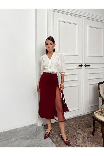 Jeevee Burgundy Mesh Detailed Slit High Waist Midi Skirt