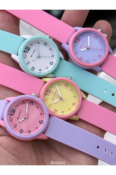 Jaga Suitable for Pool Sea Use Pink Yellow Silicone Cord Girls' Numbered Wristwatch + Daisy Bracelet