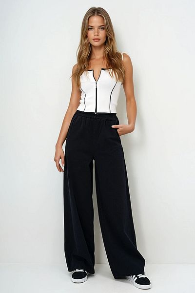 VAGGON Pantaloni Palazzo din Gabardină, negri, cu buzunar dublu, Prmx13983