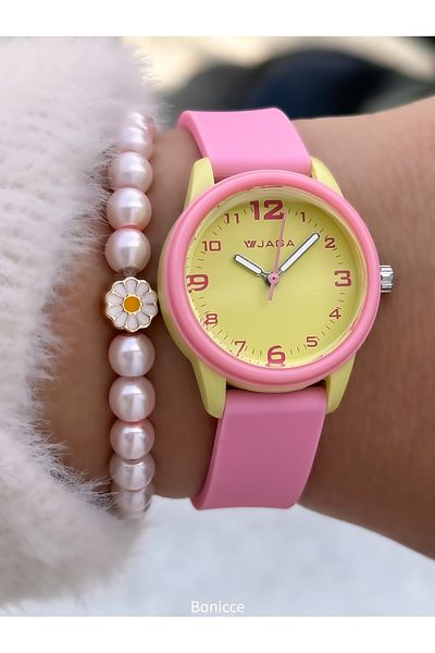 Jaga Suitable for Pool Sea Use Pink Yellow Silicone Cord Girls' Numbered Wristwatch + Daisy Bracelet
