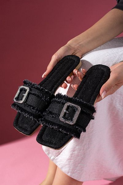 FUGA MODA Clara Black Denim Fabric Single Strap Silver Buckle Detailed Slippers