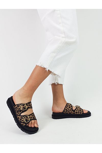 GDT Ayakkabı Black Color Leopard Pattern Flat Sole Women's Slippers