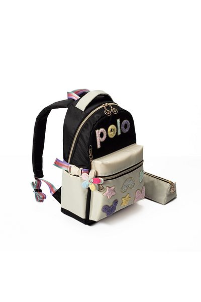 MY POLO Geantă de școală cu detaliu de broderie Ember + suport pentru stilou