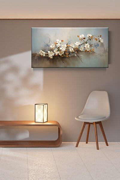 KanvasSepeti Kuru Dal Üzerinde Beyaz Çiçekler Sanatsal Kanvas Tablo Salon Otu...