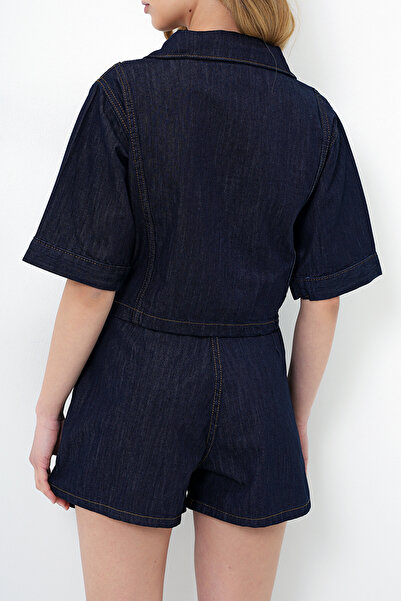 VAGGON Dámská námořnická modrá s výstřihem do V, dvojitá kapsa Crop Jean halenka a šortky Souprava sukně Prmx14072