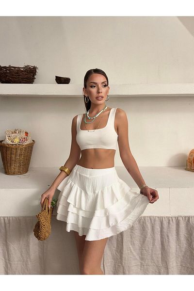 Jeevee Fusta mini cu talie înaltă cu detaliu alb cu volan și pantaloni scurți