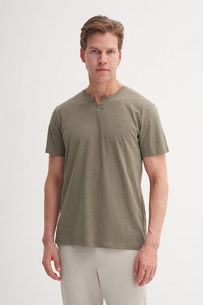 Cazador 25Yceeo04227 Khaki Men's V-Neck Placket Slim Fit 100% Cotton T-Shirt